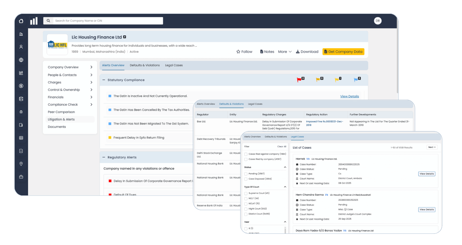 Litigation and legal case tracking screen